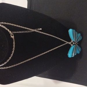 Silver Tone Chain w/ Turquoise Color Butterfly Pendant Necklace